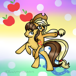 Size: 1280x1280 | Tagged: safe, artist:lovelyheartmlp, imported from derpibooru, applejack, caramel, earth pony, pony, abstract background, applejack riding caramel, carajack, female, male, mare, riding, shipping, smiling, stallion, straight