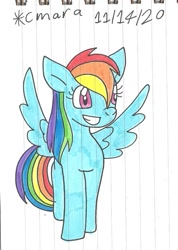 Size: 777x1092 | Tagged: safe, artist:cmara, imported from derpibooru, rainbow dash, pegasus, pony, female, grin, mare, simple background, smiling, solo, spread wings, traditional art, white background, wings