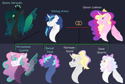 Size: 1280x854 | Tagged: safe, artist:itstechtock, imported from derpibooru, princess cadance, princess flurry heart, queen chrysalis, shining armor, oc, oc:boreal dusk, oc:persephone, oc:platinum shield, oc:snow quartz, changepony, hybrid, pony, female, interspecies offspring, male, offspring, parent:princess cadance, parent:queen chrysalis, parent:shining armor, parents:shining chrysalis, parents:shiningcadance, shiningcadance, shipping, straight