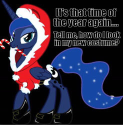 Size: 1017x1034 | Tagged: safe, artist:up1ter, edit, imported from derpibooru, princess luna, alicorn, pony, bedroom eyes, black background, boots, bronybait, candy, candy cane, caption, christmas, clothes, costume, female, food, holiday, looking at you, meme, mouth hold, santa costume, shoes, simple background, smiling, solo, text, vector