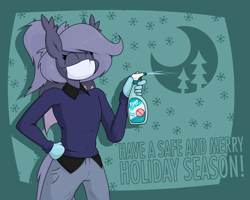 Size: 2900x2320 | Tagged: safe, artist:moonatik, imported from derpibooru, oc, oc only, oc:selenite, anthro, bat pony, bat pony oc, bat wings, christmas, clothes, coronavirus, covid-19, disinfectant spray, face mask, female, gloves, happy, holiday, mare, mask, moon, pants, ponytail, reverse trap, shirt, snow, snowflake, solo, spray bottle, sweater, wings