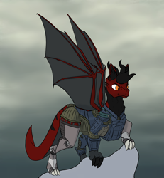 Size: 2000x2160 | Tagged: safe, artist:moonlight grimoire, imported from derpibooru, oc, oc:fakal, hybrid, fallout equestria, armor, bat wings, claws, dracopony, fallout, horns, wings