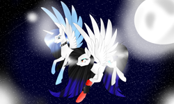 Size: 5000x3000 | Tagged: safe, artist:crysalisgalaxy, artist:minelvi, imported from derpibooru, oc, oc only, alicorn, pegasus, pony, alicorn oc, collaboration, duo, flying, full moon, horn, moon, night, pegasus oc, stars, wings