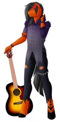 Size: 629x1280 | Tagged: safe, artist:imreer, imported from derpibooru, oc, oc only, anthro, earth pony, unguligrade anthro, clothes, earth pony oc, fangs, guitar, male, musical instrument, simple background, solo, spiked wristband, unshorn fetlocks, white background, wristband
