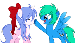 Size: 2400x1386 | Tagged: safe, artist:alfury, artist:l-starshade, artist:rioshi, artist:starshade, imported from derpibooru, oc, oc only, oc:rioshi, oc:rioshi sweet, oc:sinon, alicorn, pegasus, pony, boop, bow, female, hair bow, mare, simple background, transparent background, two toned wings, wings
