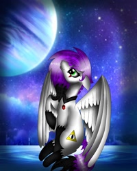 Size: 1080x1350 | Tagged: safe, artist:rxndxm.artist, imported from derpibooru, oc, oc only, pegasus, pony, jupiter, looking up, pegasus oc, planet, raised hoof, solo, space, stars, wings