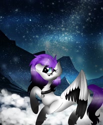 Size: 1080x1302 | Tagged: safe, artist:rxndxm.artist, imported from derpibooru, oc, oc only, pegasus, pony, jewelry, looking up, mountain, necklace, night, pegasus oc, smiling, solo, stars, two toned wings, wings