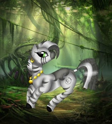 Size: 1080x1189 | Tagged: safe, artist:rxndxm.artist, imported from derpibooru, zecora, pony, zebra, ear piercing, earring, female, forest, jewelry, looking back, mare, necklace, outdoors, piercing, solo
