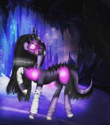 Size: 1080x1227 | Tagged: safe, artist:rxndxm.artist, imported from derpibooru, oc, oc only, pony, bandage, cave, eye scar, glowing eyes, horn, looking up, multiple horns, raised hoof, scar, solo, tricorn