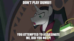 Size: 1280x718 | Tagged: safe, edit, edited screencap, imported from derpibooru, screencap, chancellor neighsay, pony, unicorn, school daze, accusation, angry, assassination, caption, eea council, image macro, male, meme, misspelling, solo, stallion, text