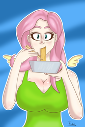 Size: 1500x2246 | Tagged: safe, artist:shypuppy, imported from derpibooru, fluttershy, human, adorasexy, big breasts, breasts, busty fluttershy, cleavage, clothes, cute, digital art, dress, floating wings, food, huge breasts, humanized, noodles, sexy, simple background, solo, stupid sexy fluttershy, winged humanization, wings