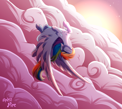 Size: 5000x4500 | Tagged: safe, artist:celes-969, artist:spirit-fire360, imported from derpibooru, rainbow dash, pegasus, pony, cloud, eyes closed, flying, solo