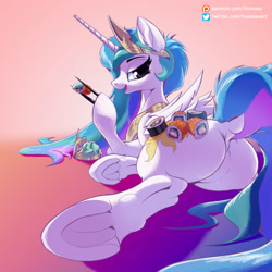 Size: 2048x2048 | Tagged: safe, artist:foxnose, imported from derpibooru, princess celestia, alicorn, pony, friendship is magic, abstract background, butt, female, food, frog (hoof), high res, hooves, lying, mare, plot, sunbutt, sushi, tail, underhoof, wasabi