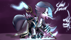 Size: 3840x2160 | Tagged: safe, artist:sintakhra, imported from derpibooru, silverstream, classical hippogriff, hippogriff, tumblr:studentsix, clothes, cosplay, costume, dark, female, glow, glowing, glowing eyes, ice, jaina proudmoore, lidded eyes, looking at you, magic, open mouth, runes, smiling, smirk, snow, solo, staff, warcraft, world of warcraft