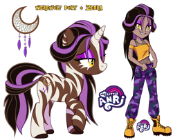 Size: 3176x2573 | Tagged: safe, artist:anri, imported from derpibooru, oc, oc only, oc:moonlight howl, werewolf, zebra, zebracorn, equestria girls, boots, camouflage, clothes, equestria girls-ified, eyeshadow, female, fishnet clothing, grin, makeup, pants, raised hoof, shirt, shoes, simple background, smiling, solo, t-shirt, tanktop, transparent background