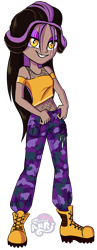 Size: 1345x3463 | Tagged: safe, artist:anri, imported from derpibooru, oc, oc only, oc:moonlight howl, werewolf, equestria girls, camouflage, clothes, equestria girls-ified, eyeshadow, female, fishnet clothing, grin, makeup, pants, shirt, simple background, smiling, solo, t-shirt, tanktop, transparent background