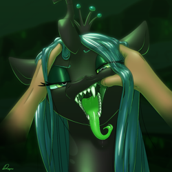 Size: 1080x1080 | Tagged: safe, artist:dmann892, imported from derpibooru, queen chrysalis, changeling, changeling queen, crown, disembodied hand, fangs, female, finger in mouth, forked tongue, hand, jewelry, looking at you, maw, mawplay, mawshot, open mouth, regalia, sharp teeth, teeth, this will end in tears, tongue out