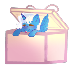 Size: 1184x1124 | Tagged: safe, artist:vintageandwitchy, imported from derpibooru, oc, oc only, oc:fleurbelle, alicorn, pony, alicorn oc, blushing, box, ear fluff, female, horn, mare, pony in a box, present, simple background, solo, tongue out, transparent background, wings