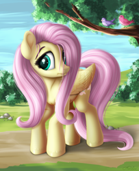 Size: 1911x2351 | Tagged: safe, artist:awalex, imported from derpibooru, fluttershy, bird, pegasus, pony, friendship is magic, cute, female, folded wings, hair over one eye, head turn, looking sideways, mare, outdoors, scene interpretation, shy, shyabetes, solo, standing, stray strand, tree, tree branch, turned head, wings