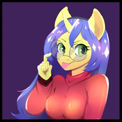 Size: 3000x3000 | Tagged: safe, artist:paperbagger, imported from derpibooru, oc, oc only, oc:logical leap, anthro, unicorn, >:p, anthro oc, clothes, commission, female, glasses, looking at you, mare, solo, sweater, tongue out, ych result