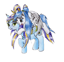 Size: 1946x1894 | Tagged: safe, artist:40kponyguy, derpibooru exclusive, imported from derpibooru, oc, oc:clarise, oc:skydrop, pegasus, pikachu, pony, derpibooru community collaboration, 2021 community collab, annoyed, blue eyes, ear fluff, laughing, looking at each other, one eye closed, pegasus oc, pigtails, pokémon, ponytail, simple background, spread wings, traditional art, transparent background, twintails, wings