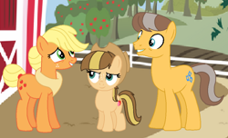 Size: 640x389 | Tagged: safe, artist:blitzfyreverseyeah, imported from derpibooru, applejack, caramel, oc, oc:buttercup, earth pony, accessory swap, applejack's hat, base used, carajack, cowboy hat, family, female, filly, freckles, hat, male, neckerchief, offspring, older, older applejack, older caramel, parent:applejack, parent:caramel, parents:carajack, shipping, straight, sweet apple acres