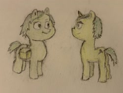 Size: 3229x2460 | Tagged: safe, artist:nbj, imported from derpibooru, oc, oc only, oc:errant, oc:omega fuse, earth pony, pony, unicorn, bag, colored pencil drawing, earth pony oc, horn, looking at each other, saddle bag, simple background, traditional art, unicorn oc