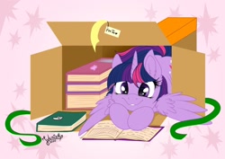 Size: 1920x1358 | Tagged: safe, artist:julunis14, imported from derpibooru, twilight sparkle, alicorn, pony, adorkable, book, bookhorse, box, cute, digital, dork, name tag, pony in a box, present, reading, ribbon, signature, simple background, smiling, solo, that pony sure does love books, twiabetes, twilight sparkle (alicorn), weapons-grade cute