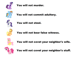 Size: 1984x1492 | Tagged: safe, edit, imported from derpibooru, applejack, fluttershy, pinkie pie, rainbow dash, rarity, twilight sparkle, alicorn, mane six, obligatory pony, official, religion, simple background, ten commandments, twilight sparkle (alicorn), white background