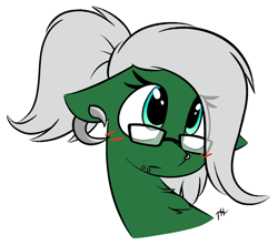 Size: 1300x1150 | Tagged: safe, artist:fakskis, imported from derpibooru, oc, oc only, earth pony, pony, blushing, chest fluff, ear piercing, female, glasses, piercing, simple background, solo, solo female, white background