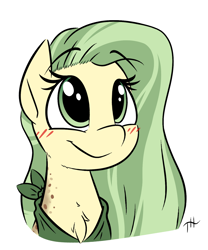 Size: 1250x1500 | Tagged: safe, artist:fakskis, imported from derpibooru, oc, oc only, earth pony, pony, back freckles, blushing, chest fluff, clothes, eyebrows, eyebrows visible through hair, female, freckles, mare, neck freckles, scarf, simple background, solo, solo female, white background