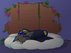 Size: 4000x3008 | Tagged: safe, artist:soup_ch, imported from derpibooru, oc, oc only, oc:rapid shadow, unicorn, blanket, covering, cozy, cushion, ear fluff, eyes closed, flower, glasses, lying down, male, sheet, sleeping, stallion, vine, wall, warm