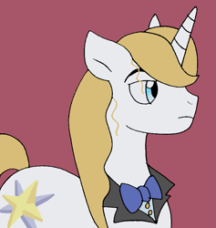 Size: 695x733 | Tagged: safe, artist:cmara, imported from derpibooru, prince blueblood, pony, unicorn, bowtie, male, red background, simple background, solo, stallion