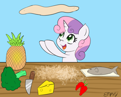 Size: 1000x800 | Tagged: safe, artist:empyu, imported from derpibooru, sweetie belle, fish, pony, unicorn, broccoli, cheese, cooking, cute, diasweetes, dough, food, hot pepper, knife, meat, open mouth, pineapple, pizza, ponies eating meat, solo, sweetie belle can't cook, sweetie fail, this will end in fire