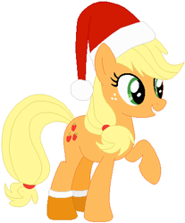 Size: 370x447 | Tagged: safe, artist:selenaede, artist:user15432, imported from derpibooru, applejack, earth pony, pony, base used, christmas, christmas outfit, clothes, hat, holiday, orange sock, raised hoof, red hat, santa hat, smiling, socks, solo