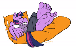 Size: 2312x1500 | Tagged: safe, artist:trowelhands, imported from derpibooru, twilight sparkle, alicorn, anthro, plantigrade anthro, barefoot, feet, female, fetish, foot fetish, foot focus, lying down, simple background, soles, solo, solo female, toes, twilight sparkle (alicorn), white background