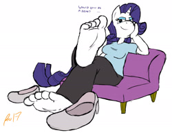Size: 1938x1500 | Tagged: safe, artist:trowelhands, imported from derpibooru, rarity, anthro, plantigrade anthro, unicorn, barefoot, chair, clothes, feet, female, fetish, foot fetish, foot focus, imminent foot worship, shoes, simple background, soles, solo, solo female, toes, white background