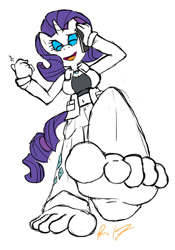 Size: 1049x1500 | Tagged: safe, artist:trowelhands, imported from derpibooru, rarity, anthro, plantigrade anthro, unicorn, barefoot, belly button, feet, female, fetish, foot fetish, foot focus, midriff, simple background, soles, solo, solo female, toes, white background