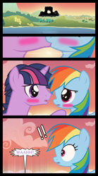 Size: 1280x2300 | Tagged: safe, artist:bigsnusnu, imported from derpibooru, rainbow dash, twilight sparkle, pegasus, unicorn, comic:dusk shine in pursuit of happiness, blushing, cloud, comic, cute, dashabetes, dusk shine, duskabetes, duskdash, exclamation point, falling, falling through clouds, female, half r63 shipping, kissing, lake, lesbian, looking at each other, looking at someone, male, rule 63, shipping, silhouette, stare, straight, sunset, suprised look, surprised, twidash