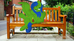 Size: 6000x3376 | Tagged: safe, artist:indonesiarailroadpht, artist:ponyrailartist, imported from derpibooru, oc, oc only, oc:checkpoint, pegasus, pony, bench, building, female, fence, irl, looking at you, mare, photo, ponies in real life, road, sidewalk, watermark