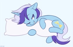 Size: 1700x1100 | Tagged: safe, alternate version, artist:higgly-chan, imported from derpibooru, minuette, pony, unicorn, bedroom eyes, blue background, blushing, body pillow, cute, female, grin, hug, lying down, mare, minubetes, on side, one eye closed, pillow, pillow hug, side, simple background, smiling, solo, wink