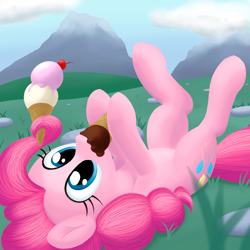 Size: 2000x2000 | Tagged: safe, artist:stellardust, derpibooru exclusive, imported from derpibooru, pinkie pie, earth pony, pony, cherry, cloud, cute, diapinkes, eating, female, food, grass, high res, holding, ice cream, legs in air, lineless, mare, mountain, neapolitan, solo, upside down