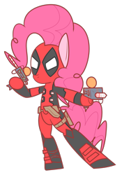 Size: 1222x1717 | Tagged: safe, artist:mr-degration, imported from derpibooru, pinkie pie, earth pony, pony, bipedal, candy weapon, clothes, costume, deadpool, disguise, looking at you, pose, solo