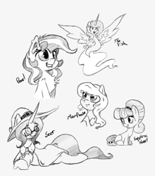 Size: 531x603 | Tagged: safe, artist:alazak, imported from derpibooru, oc, oc only, oc:moonphase, oc:pearl, oc:sapphire heart, oc:seer, oc:the fish, earth pony, pony, sea pony, unicorn, monochrome