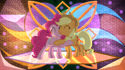 Size: 3840x2160 | Tagged: safe, artist:cloudy glow, artist:cloudyglow, artist:laszlvfx, edit, imported from derpibooru, applejack, pinkie pie, pony, hug, wallpaper, wallpaper edit