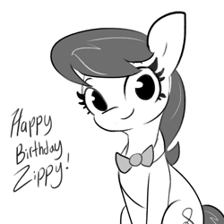 Size: 1980x1980 | Tagged: safe, artist:tjpones, imported from derpibooru, octavia melody, pegasus, pony, bowtie, cute, female, grayscale, happy birthday, looking at you, mare, monochrome, simple background, solo, tavibetes, white background, zippysqrl's birthday