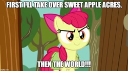 Size: 888x499 | Tagged: safe, edit, edited screencap, editor:twi clown, imported from derpibooru, screencap, apple bloom, earth pony, pony, the last crusade, bag, caption, female, image macro, imgflip, mare, saddle bag, solo, text, world domination