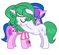 Size: 1400x1300 | Tagged: safe, artist:choisky13, imported from derpibooru, oc, oc only, oc:choi sky, oc:hsu amity, alicorn, unicorn, duo, female, glasses, hug, mare, simple background, transparent background, watch