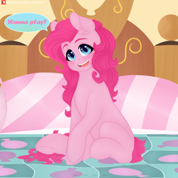 Size: 3840x3840 | Tagged: safe, artist:rise_of_evil_69, imported from derpibooru, pinkie pie, earth pony, pony, big eyes, blanket, blushing, dialogue, ear fluff, female, females only, heart eyes, looking at you, mare, missing cutie mark, open mouth, patreon, patreon logo, pillow, sexy, sitting, smiling, smiling at you, solo, wingding eyes