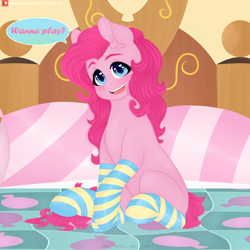 Size: 1700x1700 | Tagged: safe, alternate version, artist:rise_of_evil_69, imported from derpibooru, pinkie pie, earth pony, pony, big eyes, blanket, blushing, clothes, dialogue, ear fluff, female, females only, heart eyes, looking at you, mare, missing cutie mark, open mouth, patreon, patreon logo, pillow, sexy, sitting, smiling, smiling at you, socks, solo, striped socks, wingding eyes